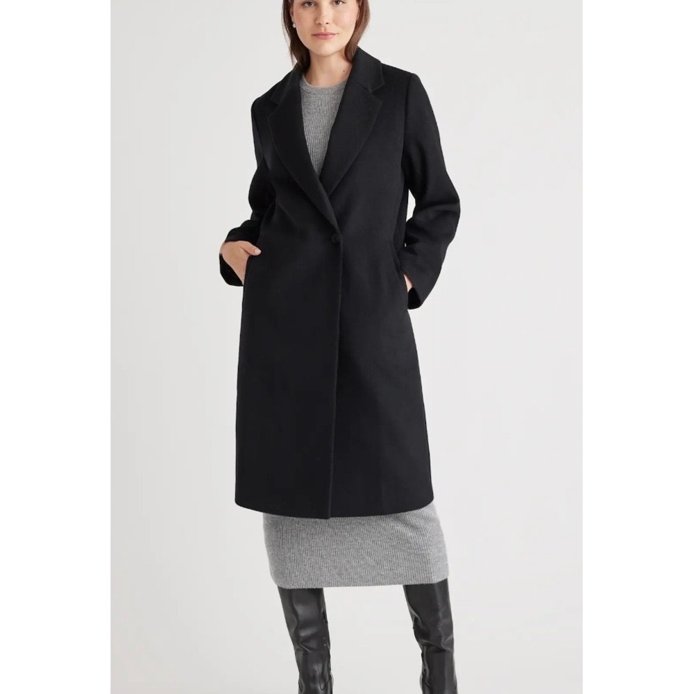 NWT Quince Black Italian Virgin Wool Classic Single Breasted Coat Size Medium